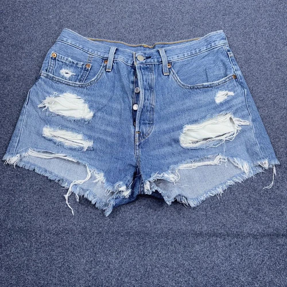 Levi's Denim Shorts Womens 30 Blue Distressed 501 Original Cut Off Summer Y2K